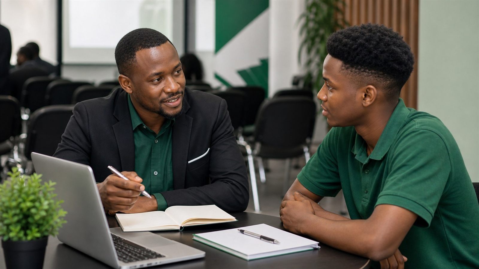 CMH mentor one-on-one with student after seminar
